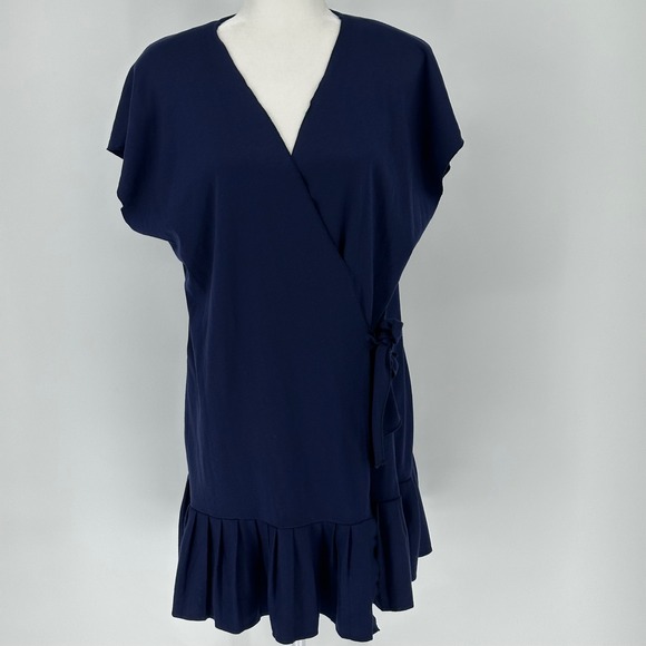 ILGWU Union Made Dresses & Skirts - Vtg Navy Blue Wrap Dress Ruffle Hem Short Sleeve Tie Waist V Neck L union made